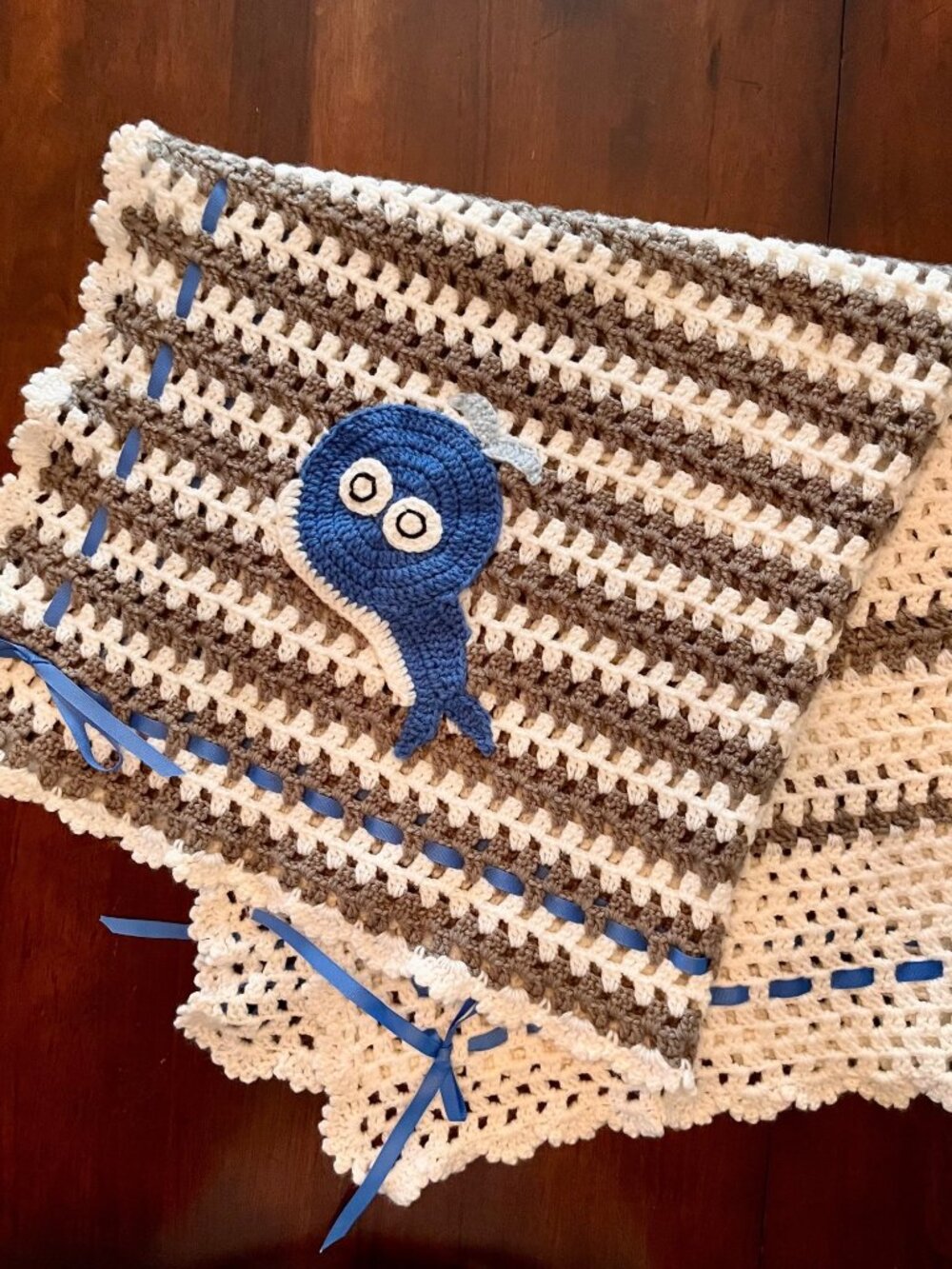 Hand-Crocheted Whale Baby Blanket 34"x34" With Blue Ribbon Detail & Marine Theme